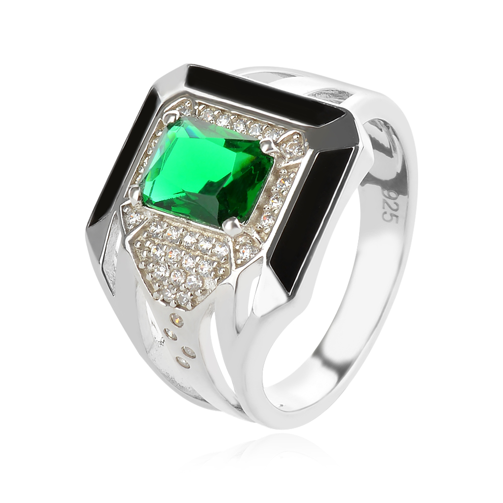 сребърен пръстен, бял и зелен циркон, емайл, родиево покритие,