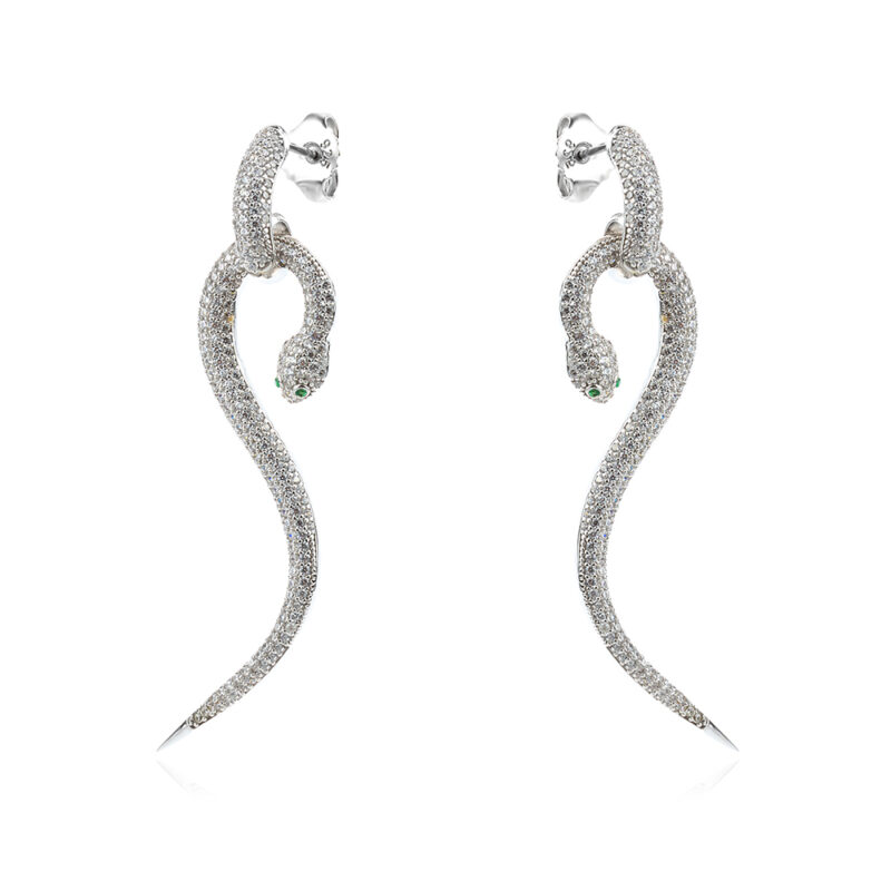 сребърни обеци, змия, по модел на Bvlgari, цирконий, родиево покритие