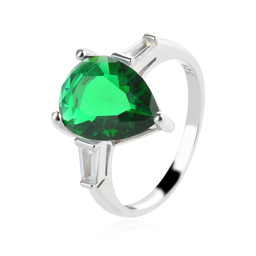 сребърен пръстен, зелен цирконий, капка, родиево покритие,