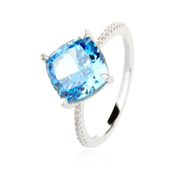 сребърен пръстен, син мойсанит, цирконий, родиево покритие, квадратна форма