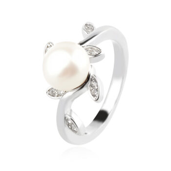 сребърен пръстен, бяла перла, цирконий, родиево покритие,