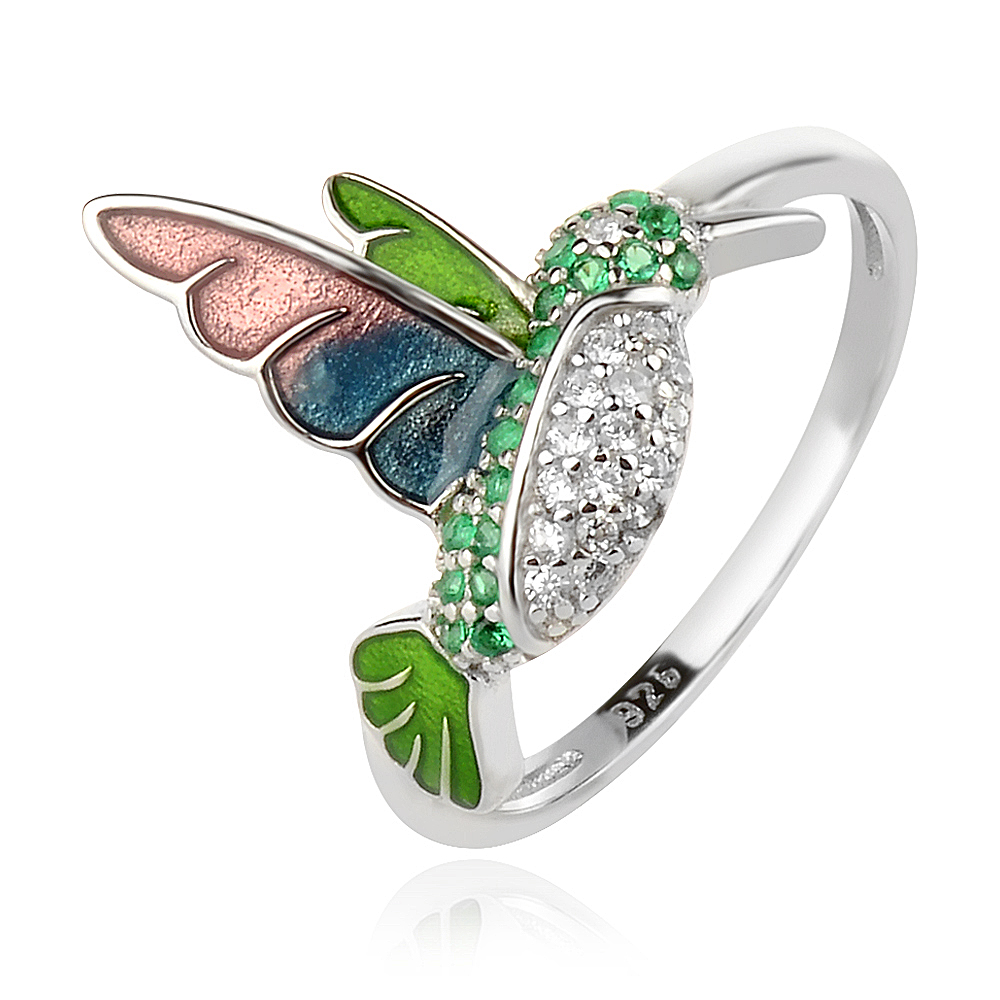 сребърен пръстен, колибри, цветен емайл, цирконий, родиево покритие