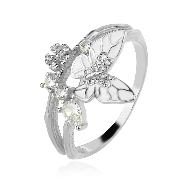 сребърен пръстен, пеперуда, цветен емайл, родиево покритие, цирконий