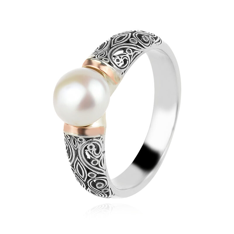 сребърен пръстен, бяла перла , оксидирано сребро,розова позлата