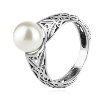 сребърен пръстен, бяла перла , оксидирано сребро,