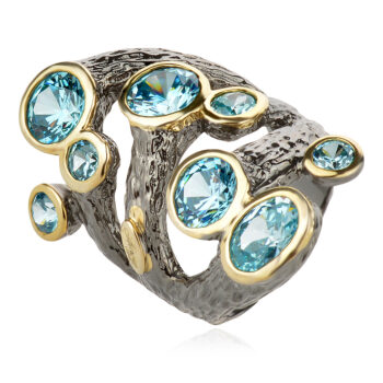 сребърен пръстен, син топаз, Amore Arte, покритие от рутений и позлата