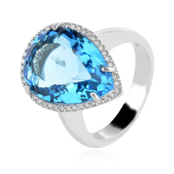 сребърен пръстен, кварц, син цвят, капка, цирконий