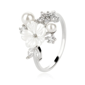 сребърен пръстен, цвете, седеф, перла, цирконий, родиево покритие, Amore Arte,