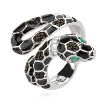 сребърен пръстен, пръстен змия, емайл, цирконий, по модел на Bvlgari,