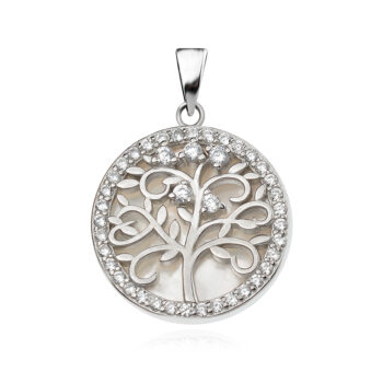 сребърен медальон, цирконий, родиево покритие, дърво на живота, седеф