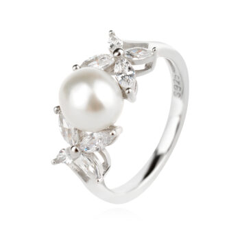 сребърен пръстен, перла, цирконий, родиево покритие