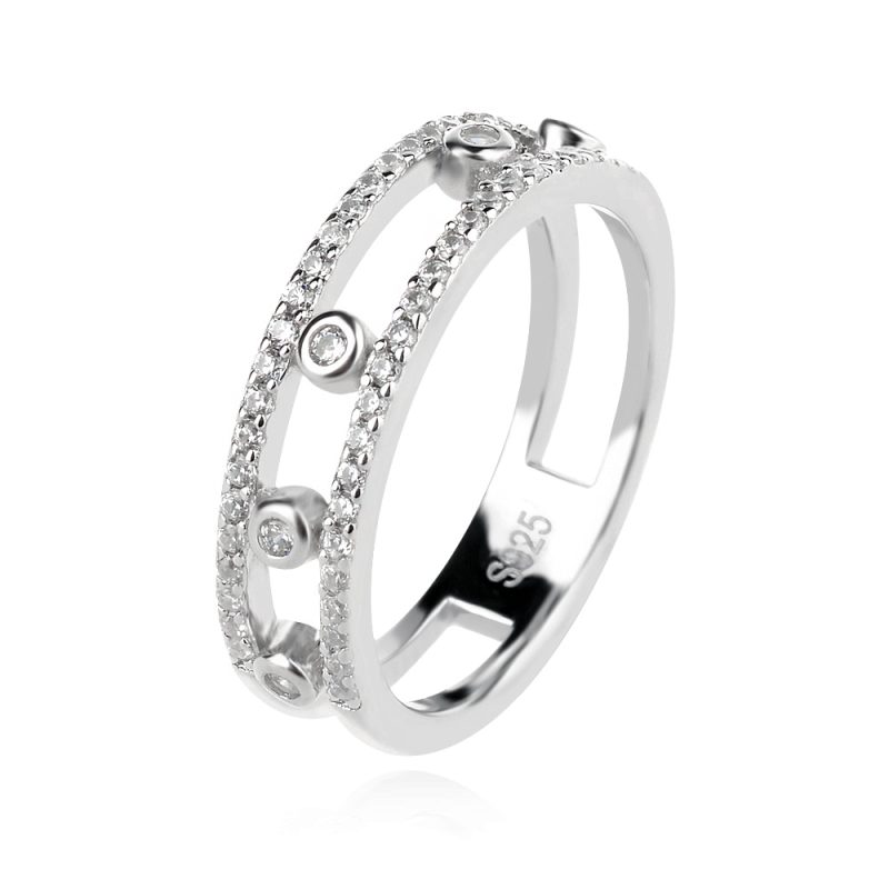 сребърен пръстен, тип халка, цирконий, родиево покритие, по модел на Messika,