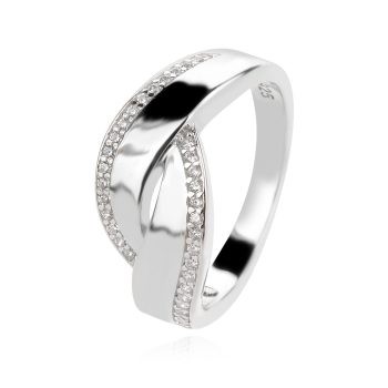 сребърен пръстен, пръстен тип халка, цирконий, родиево покритие,