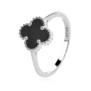 сребърен пръстен, оникс, родиево покритие, цвете