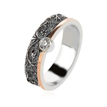 сребърен пръстен, оксидирано сребро, розова позлата, цирконий
