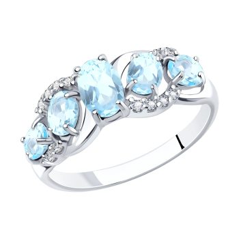 сребърен пръстен, син топаз, цирконий, родиево покритие, Sokolov