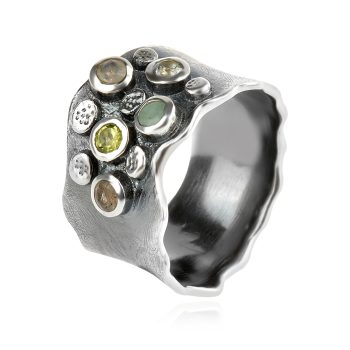 сребърен пръстен, лунен камък, розов кварц, цитрин, оксидирано сребро