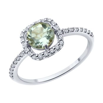 сребърен пръстен, цирконий, зелен аметист, родиево покритие, Sokolov
