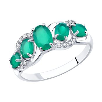 сребърен пръстен, цирконий, зелен ахат, родиево покритие, Sokolov