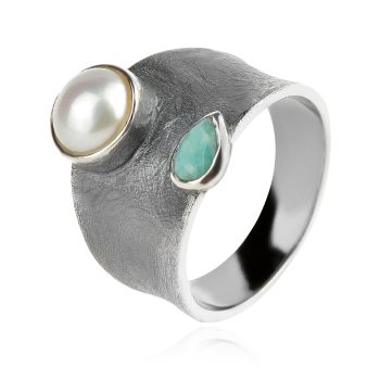 сребърен пръстен, перла, амазонит, оксидирано сребро