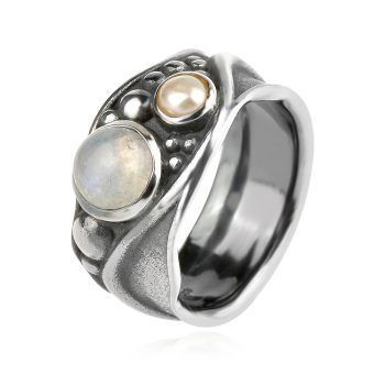 сребърен пръстен, перла, лунен камък, оксидирано сребро