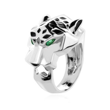 сребърен пръстен, пантера, цирконий, родиево покритие, емайл, по модел на Cartier,