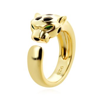 сребърен пръстен, пантера, цирконий, жълта позлата, емайл, по модел на Cartier,