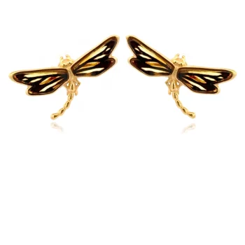 Сребърни обеци - Amber Dragonfly сребърни обеци, кехлибар, жълта позлата, водно конче