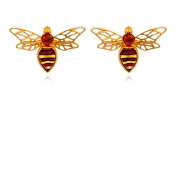 Сребърни обеци - Amber Queen Bee сребърни обеци, кехлибар, жълта позлата, пчела