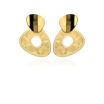 The gold earrings are shaped like a heart.