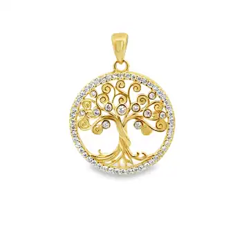 A gold tree pendant with diamonds.
